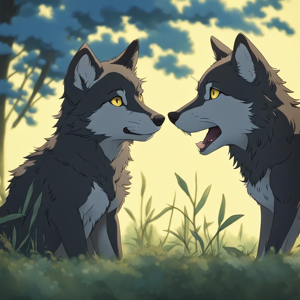 Wolf Pups with Yellow and Blue Eyes in Anime Style