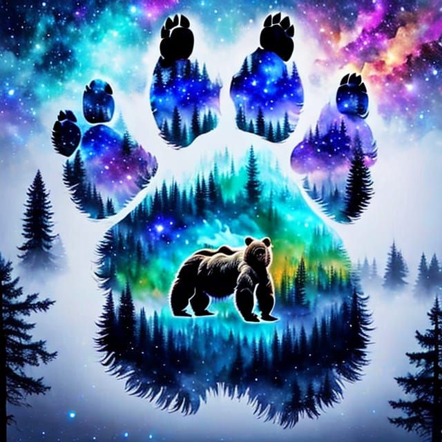 Bear Silhouette With Forest and Galaxy Double Exposure