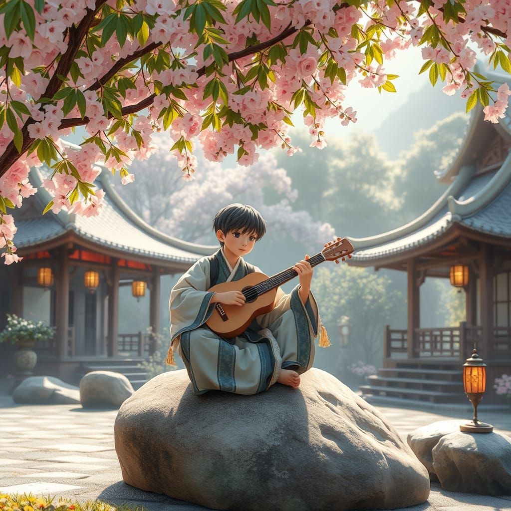 Man Plays Flute Under Cherry Blossom Tree