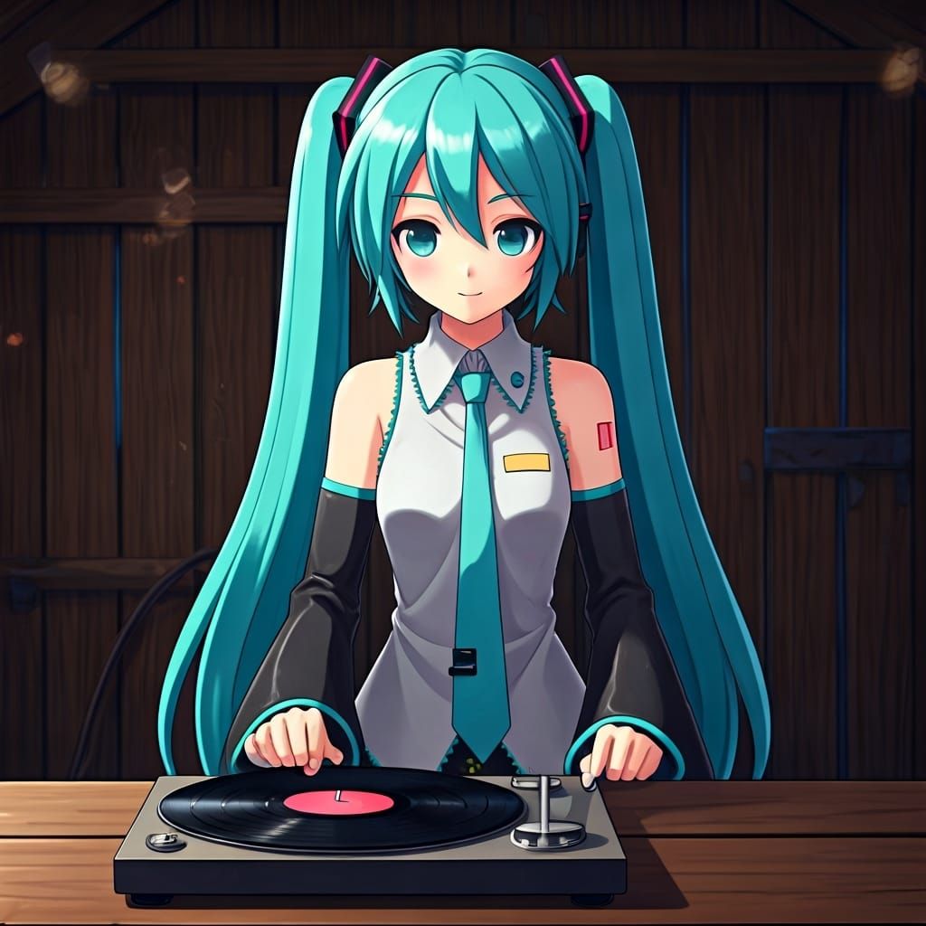 Hatsune Miku Scratching Records in a Shed