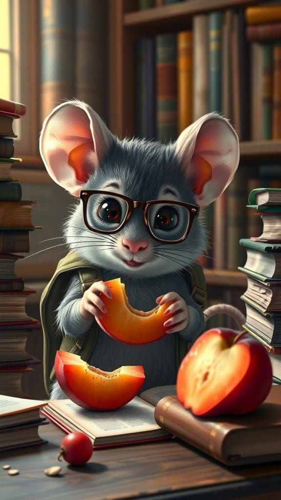 Intelligent Mouse Studies Fruit in Cozy Study