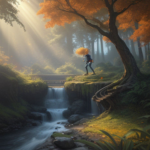 European Boy Climbing Tree Over Serene River in Vibrant Gold...