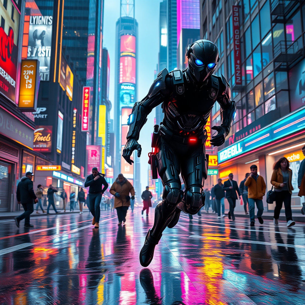 Cyborg Cop Chasing Criminal in Neon City