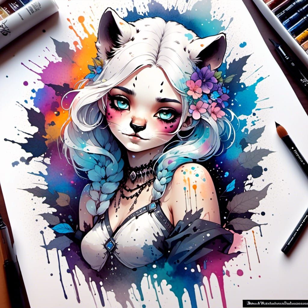 Raver Girl Cuddles Panther in Watercolor Style