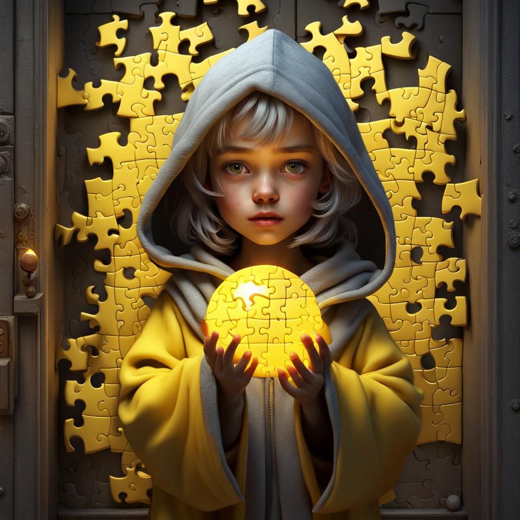 Winged Girl with Puzzle Orb: Dark Fantasy Art