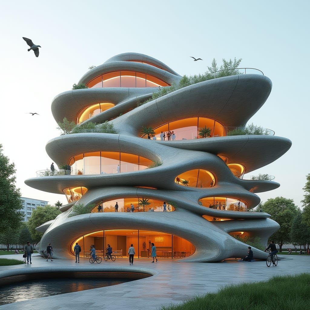Organic Futuristic Flower-Shaped Building with Snake Skin Te...