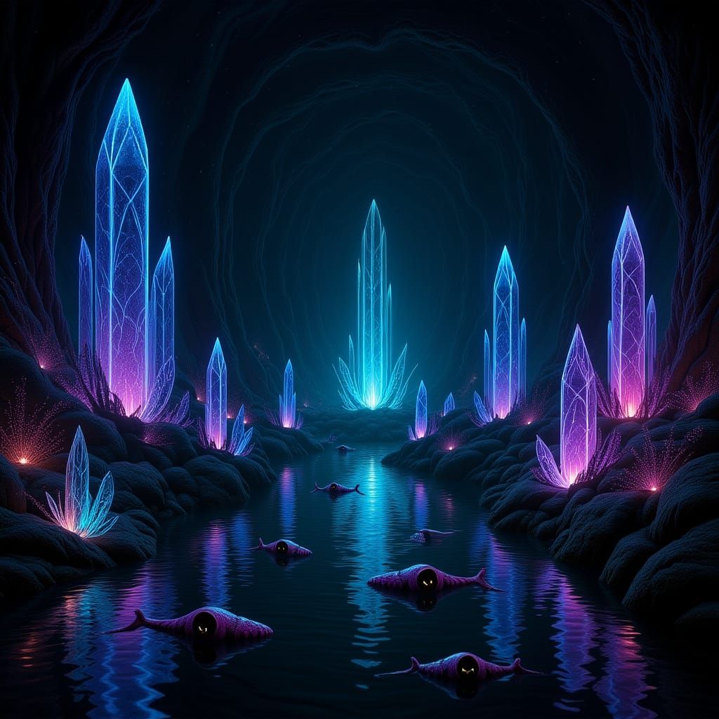 Bioluminescent Grotto with Crystalline Reflections