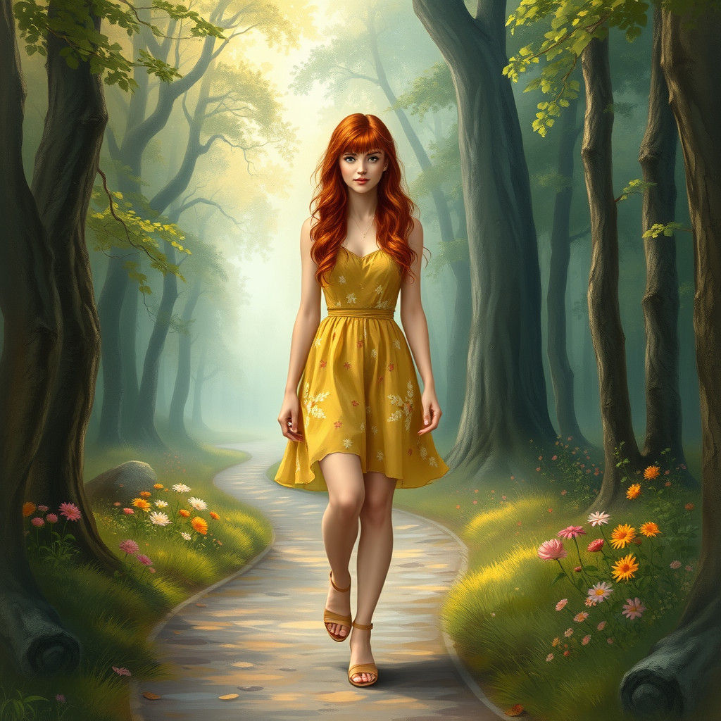 Woman in Enchanted Forest in Kinkade Style