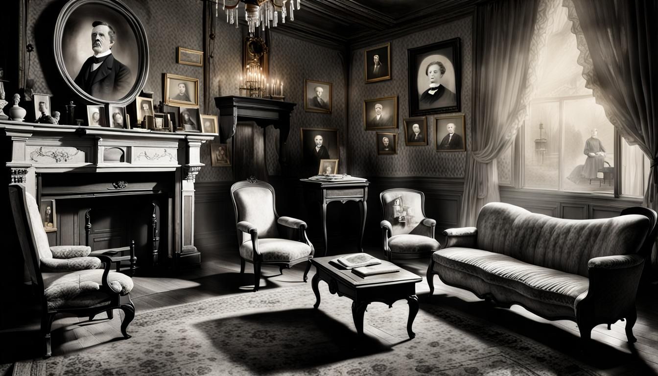 Ghostly Apparition in Victorian Parlor, Photorealistic Style