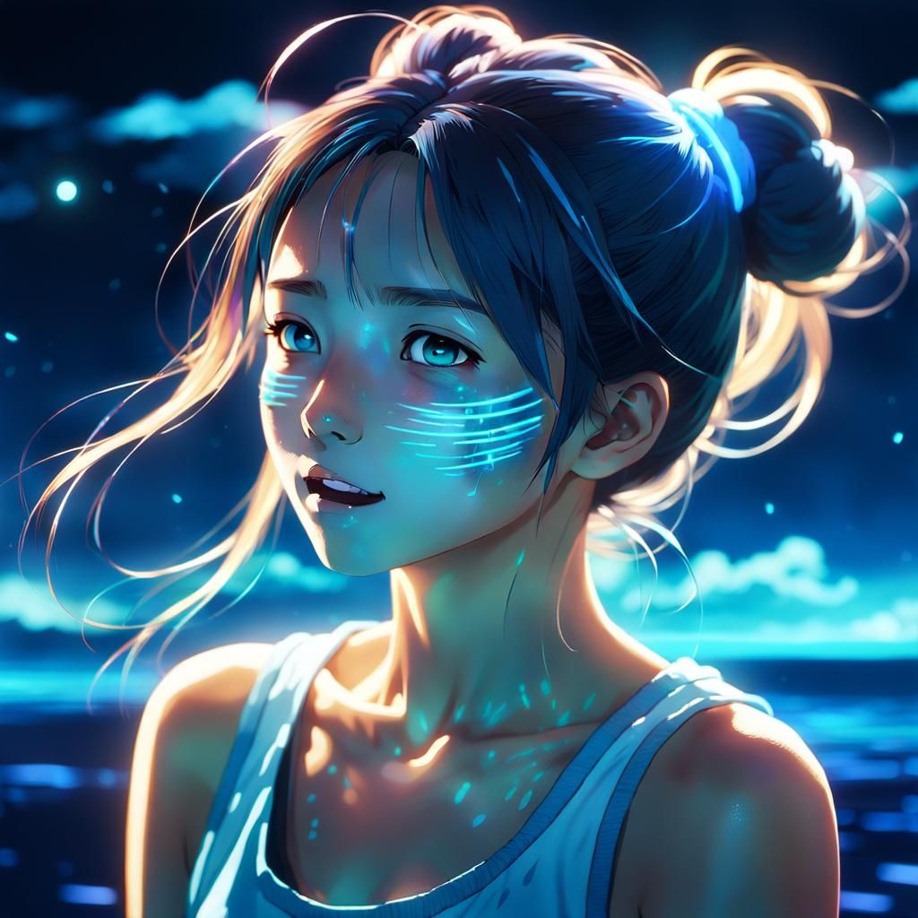 Anime Woman Singing with Bioluminescent Scars