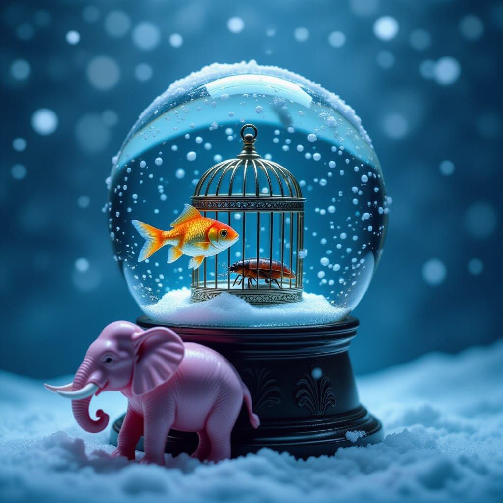 Surreal Snow Globe with Pink Elephant and Cockroach