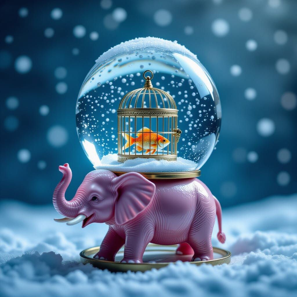 Surreal Snow Globe with Nested Objects and Pink Elephant