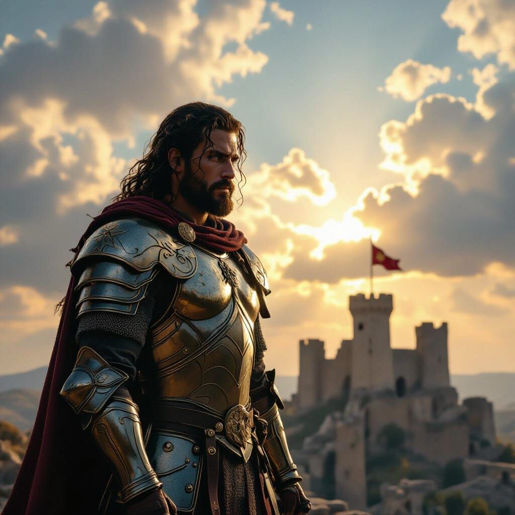 Warrior in Shining Armor on Ancient Fort Ruins