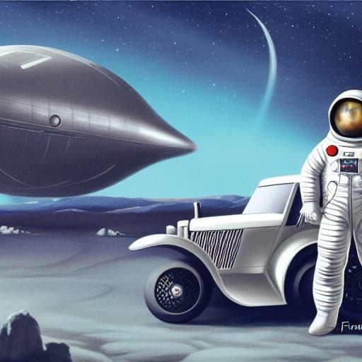 1930s Astronaut on Mars with Retro Spaceship