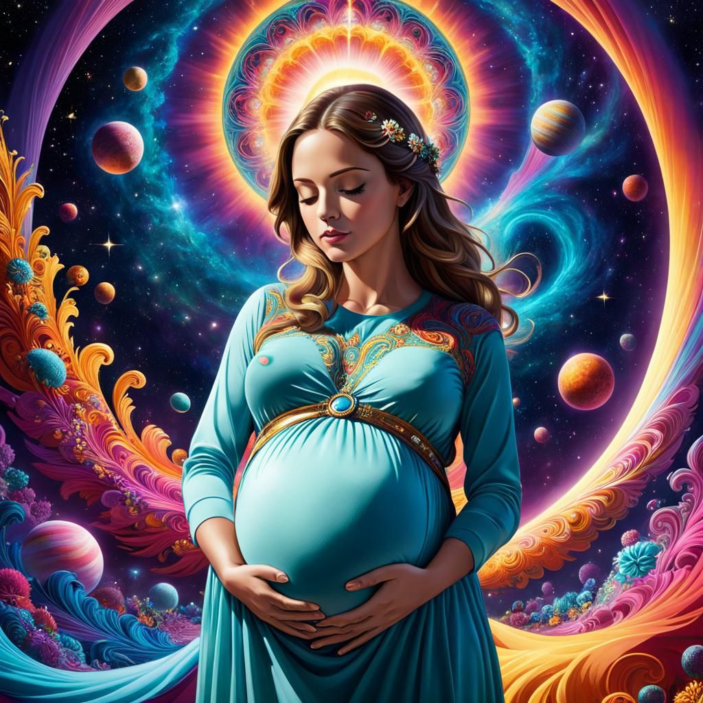 Pregnant Woman Awaits Childbirth in Psychedelic Astral Art