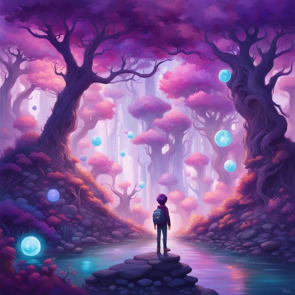 Boy with Purple Hair in Dreamlike Landscape