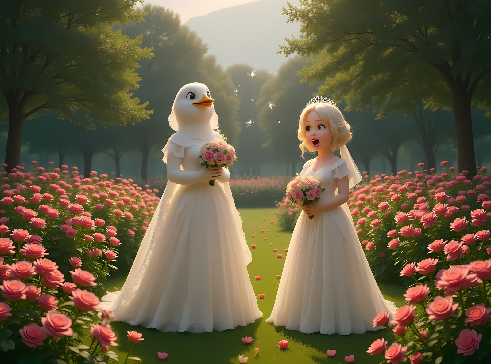 Dreamy Bird Wedding in Rose Garden: 3D Cartoon