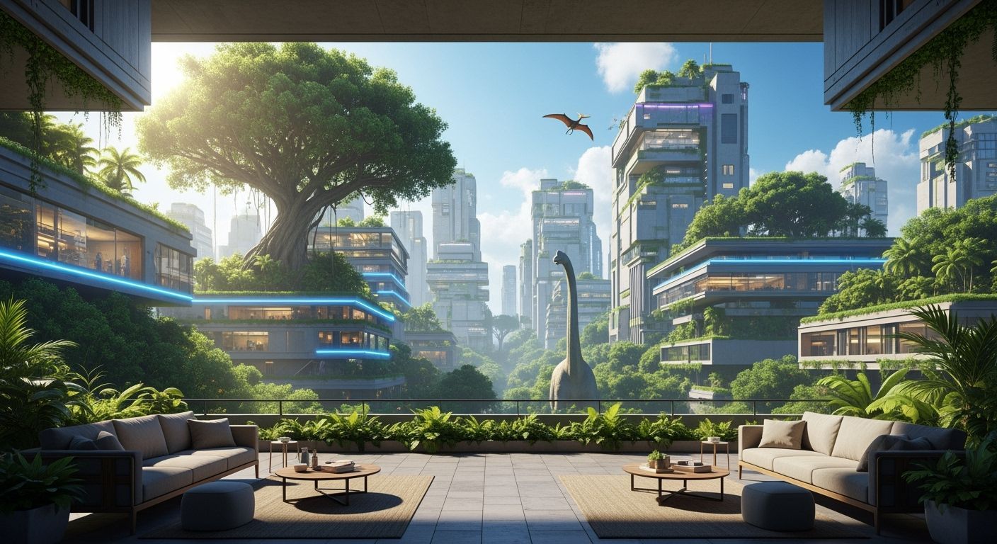 Futuristic Bunker Cityscape with Dinosaur Under Sunny Skies