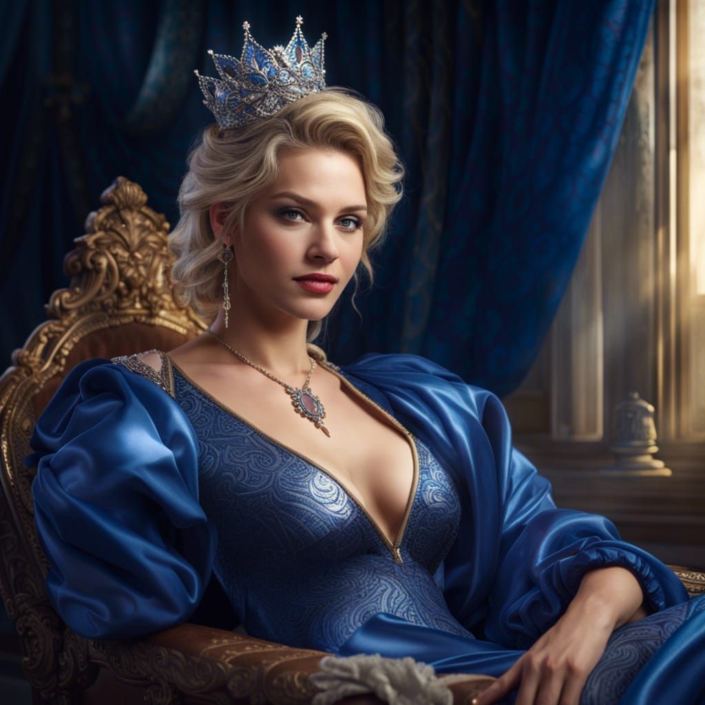 Sensuous Queen in Blue Gown, Hyperrealistic Portrait