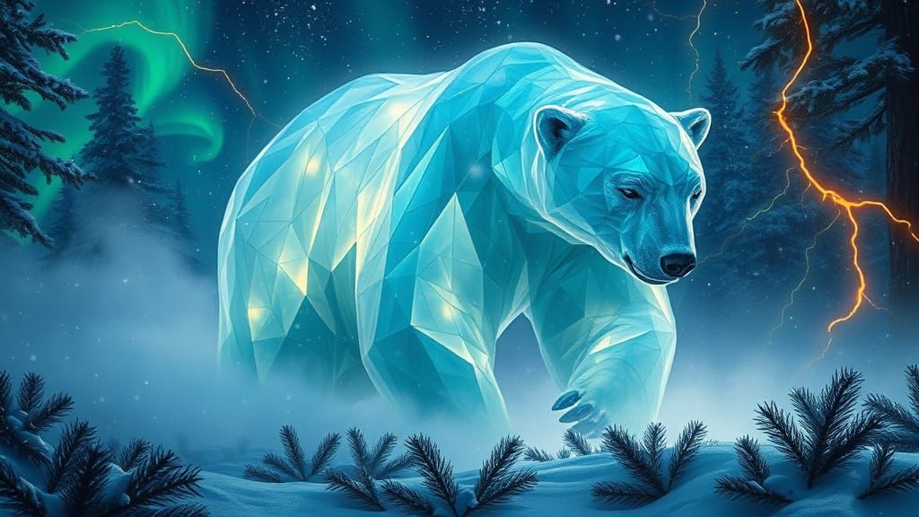 Glowing Ice Polar Bear in Winter Forest