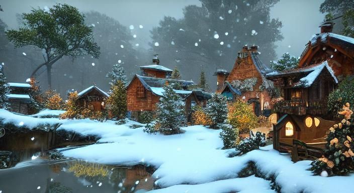 Enchanting Fairy Town in Winter Forest, Acrylic Painting