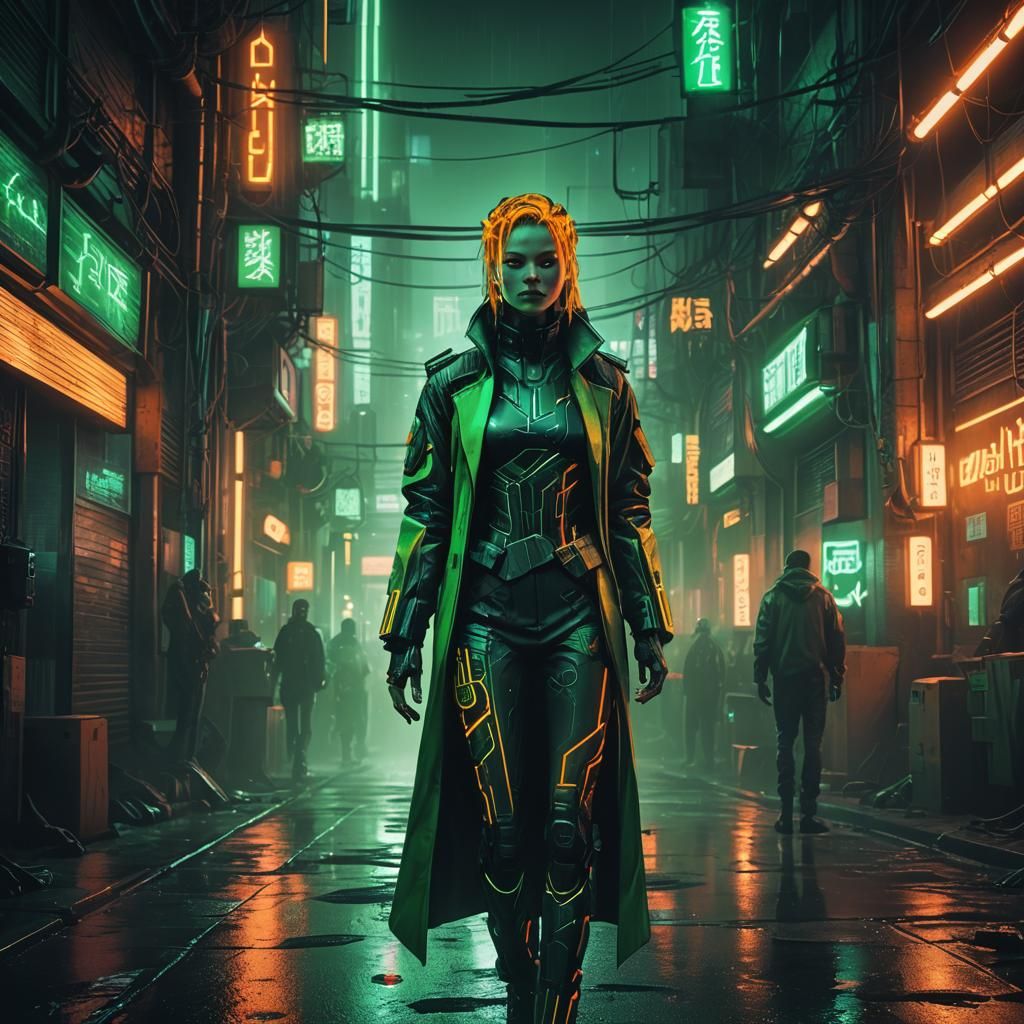 Futuristic Green Goddess in Cyberpunk Neon Alley
