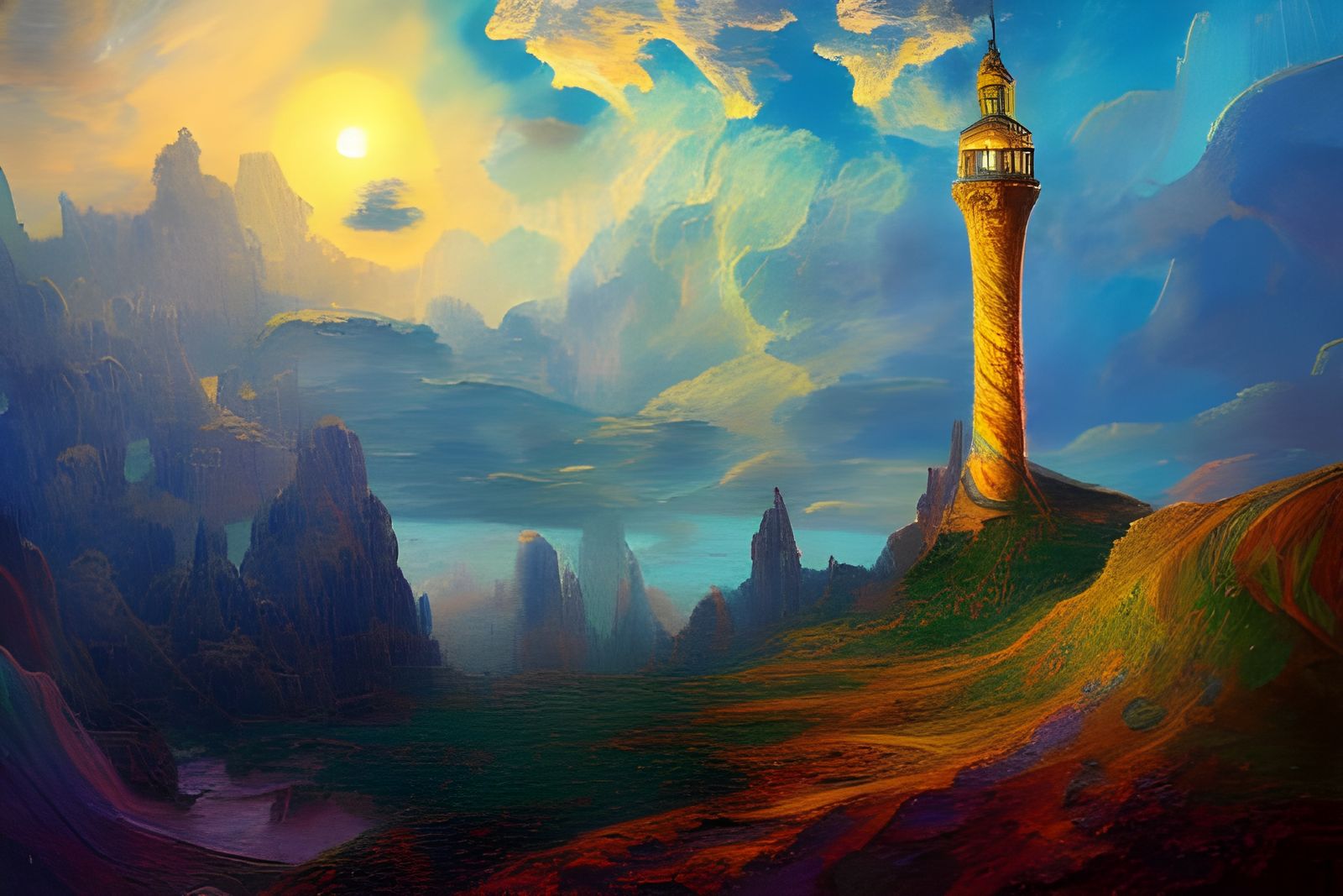 Tower of Dreams: Detailed Oil Painting Landscape