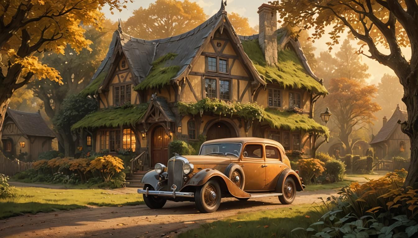 1930s Car Before Elven Cottage as Oil Painting