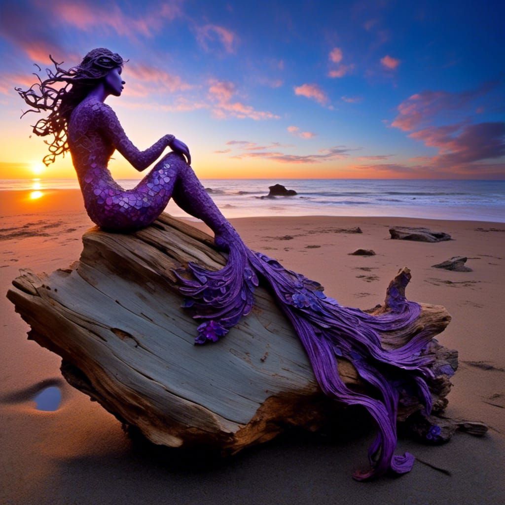 Violet Mermaid Rescue at Sunset: Pyrography Art Nouveau