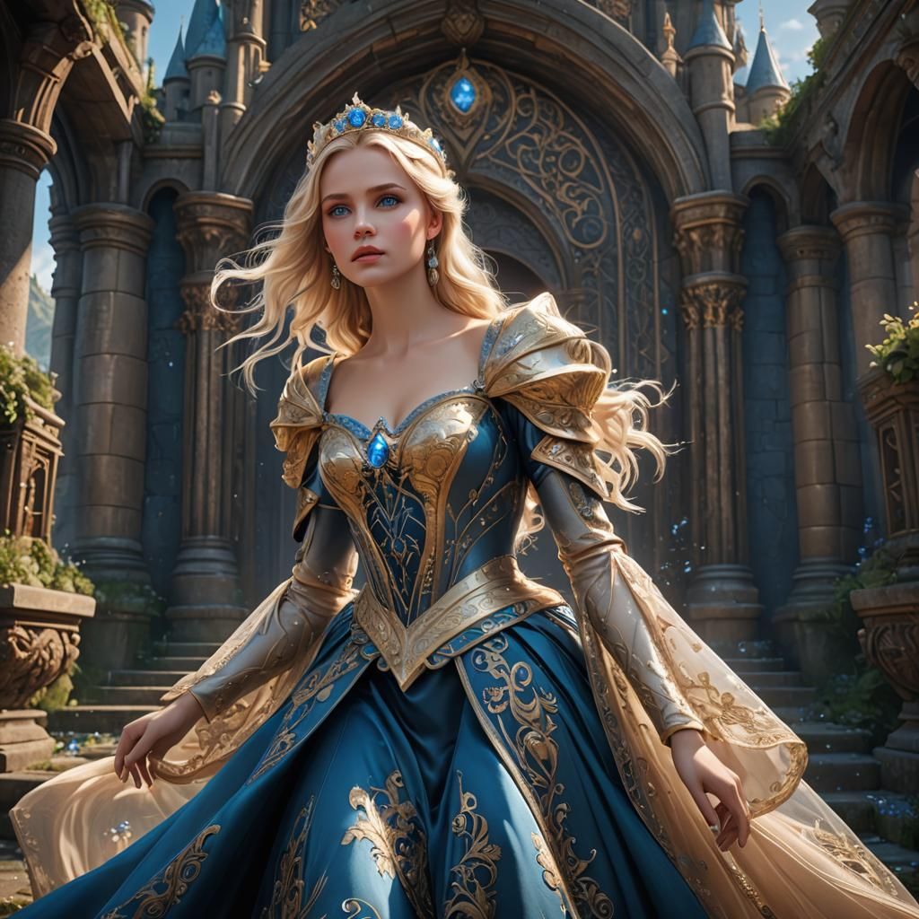 Blonde Model in Princess Dress: Detailed Matte Painting