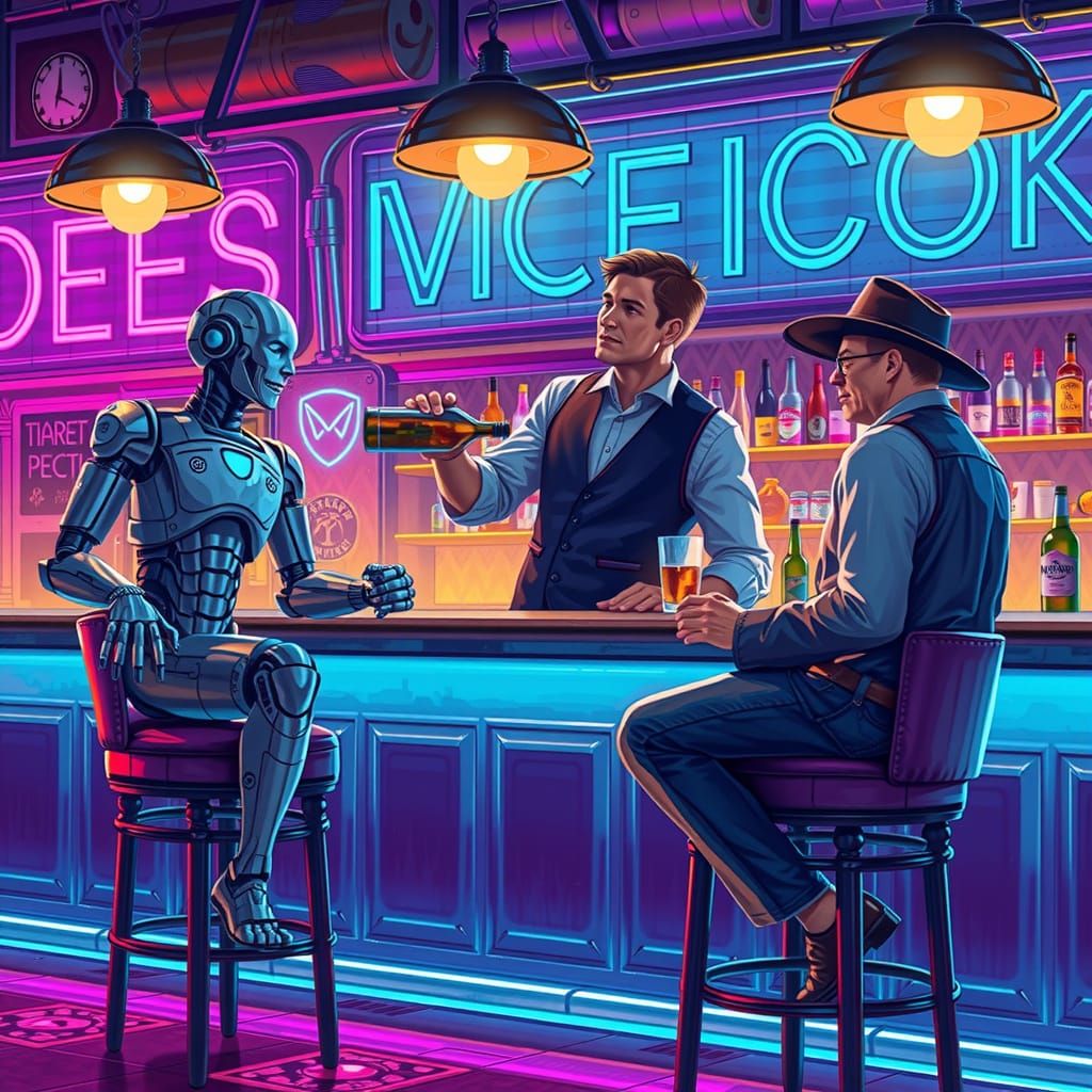 Retro-Futuristic Pub Scene with Robot and Human Patrons