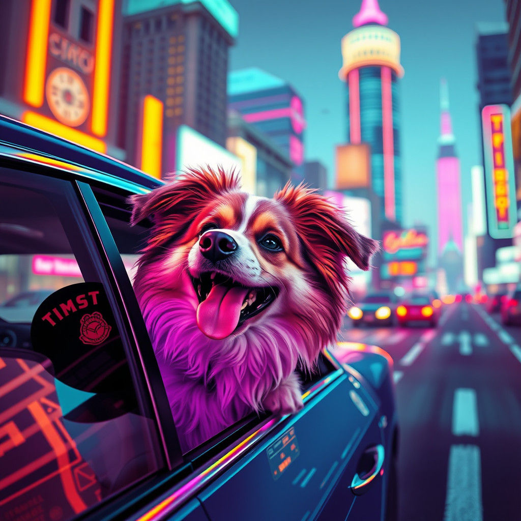 Dog in Retro-Futuristic Car, Synthwave Cityscape