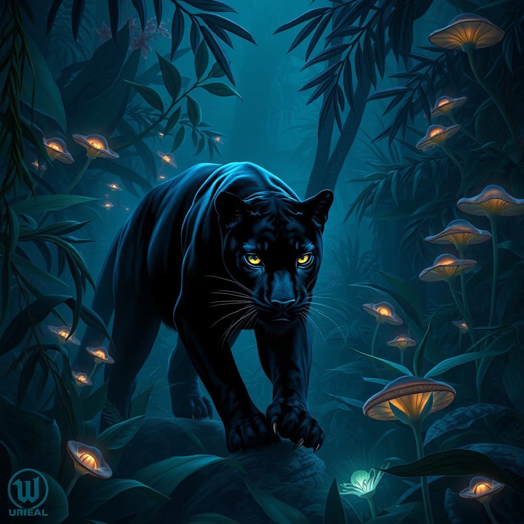 Black Panther in Bioluminescent Jungle Matte Painting