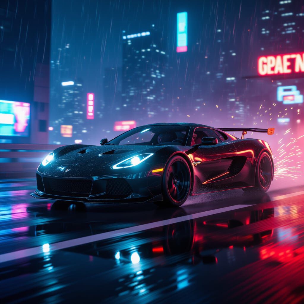 Black Sports Car Speeds Through Neon City at Night