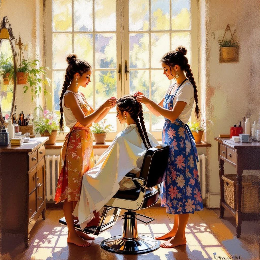 Bohemian Salon Scene: Barber Braids Hair in Sunlit Impressio...