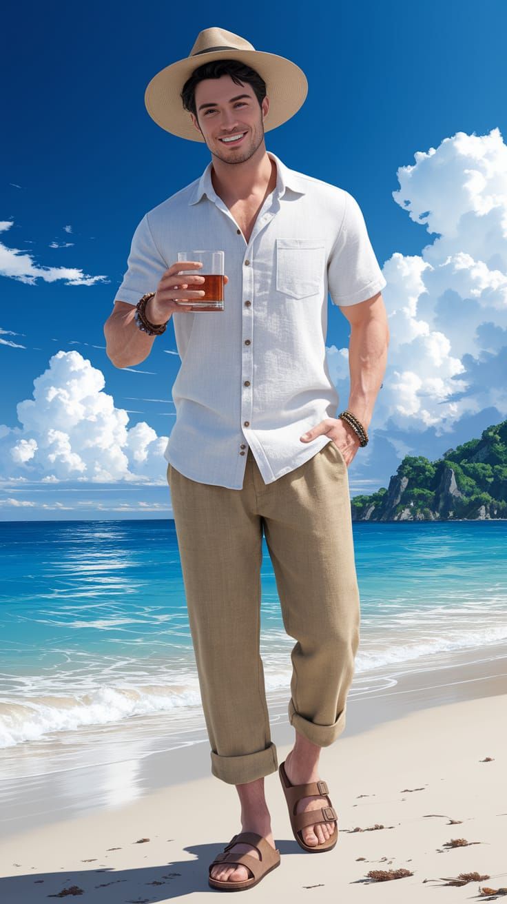 Handsome Man on Beach in Anime Style