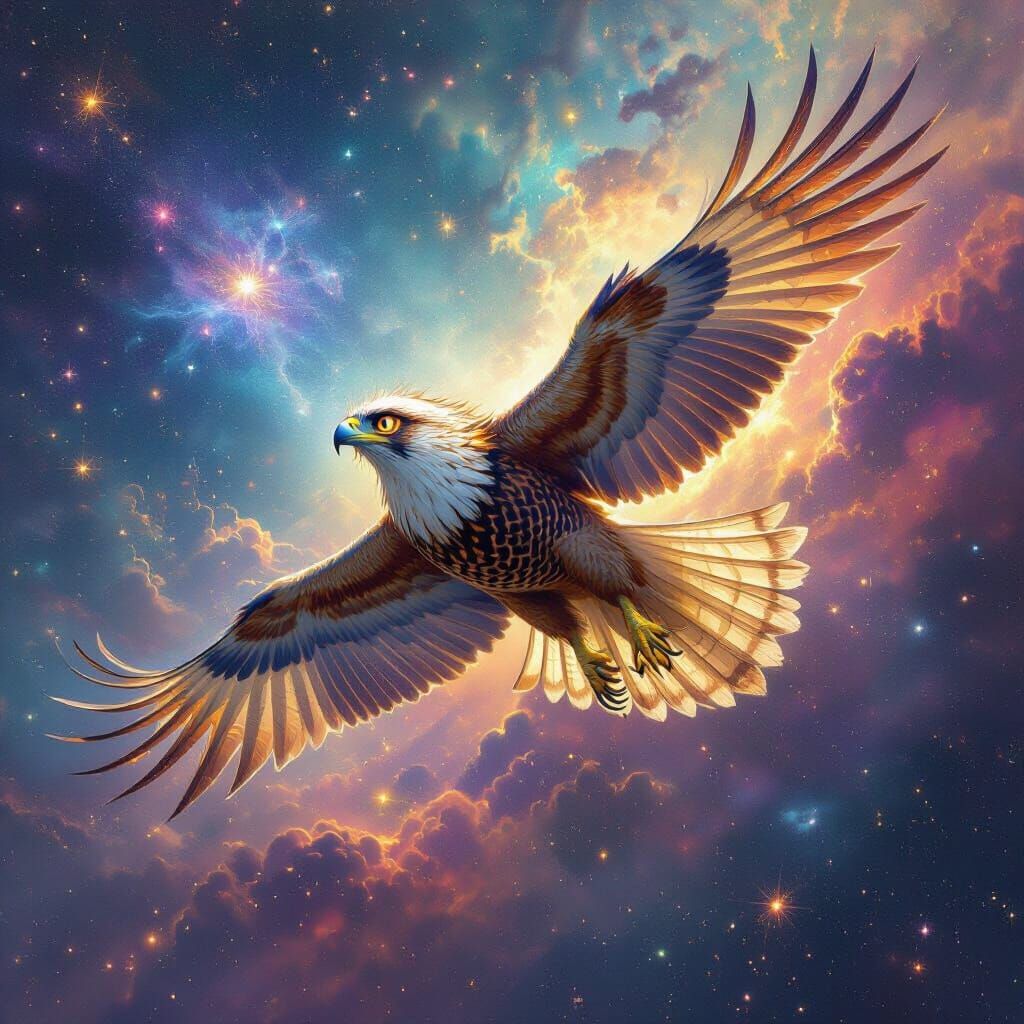 Imagine a colossal, bioluminescent lion-falcon hybrid soarin...