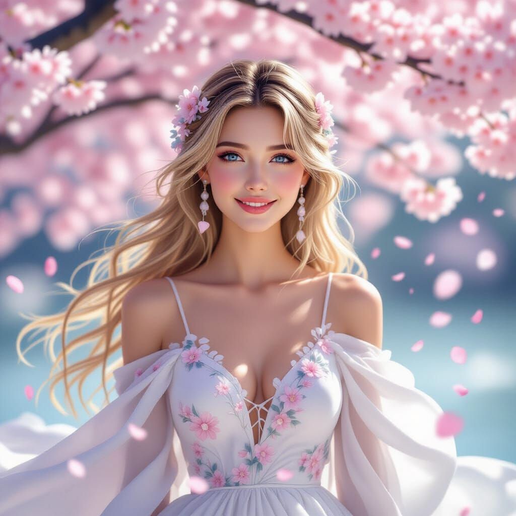 Woman Floating Among Cherry Blossoms in Ethereal Style