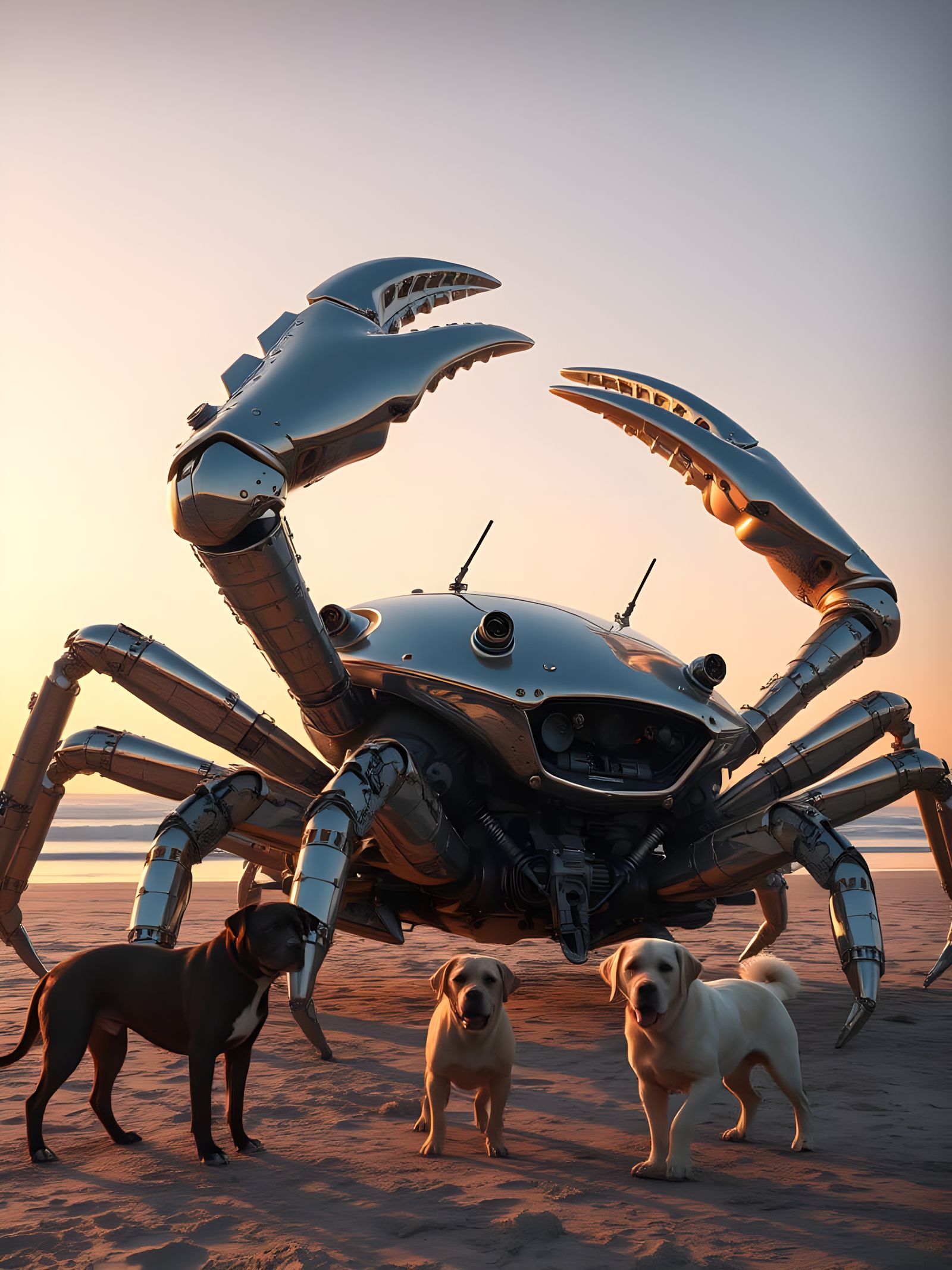 Steampunk Crab Mech on Beach Sunrise