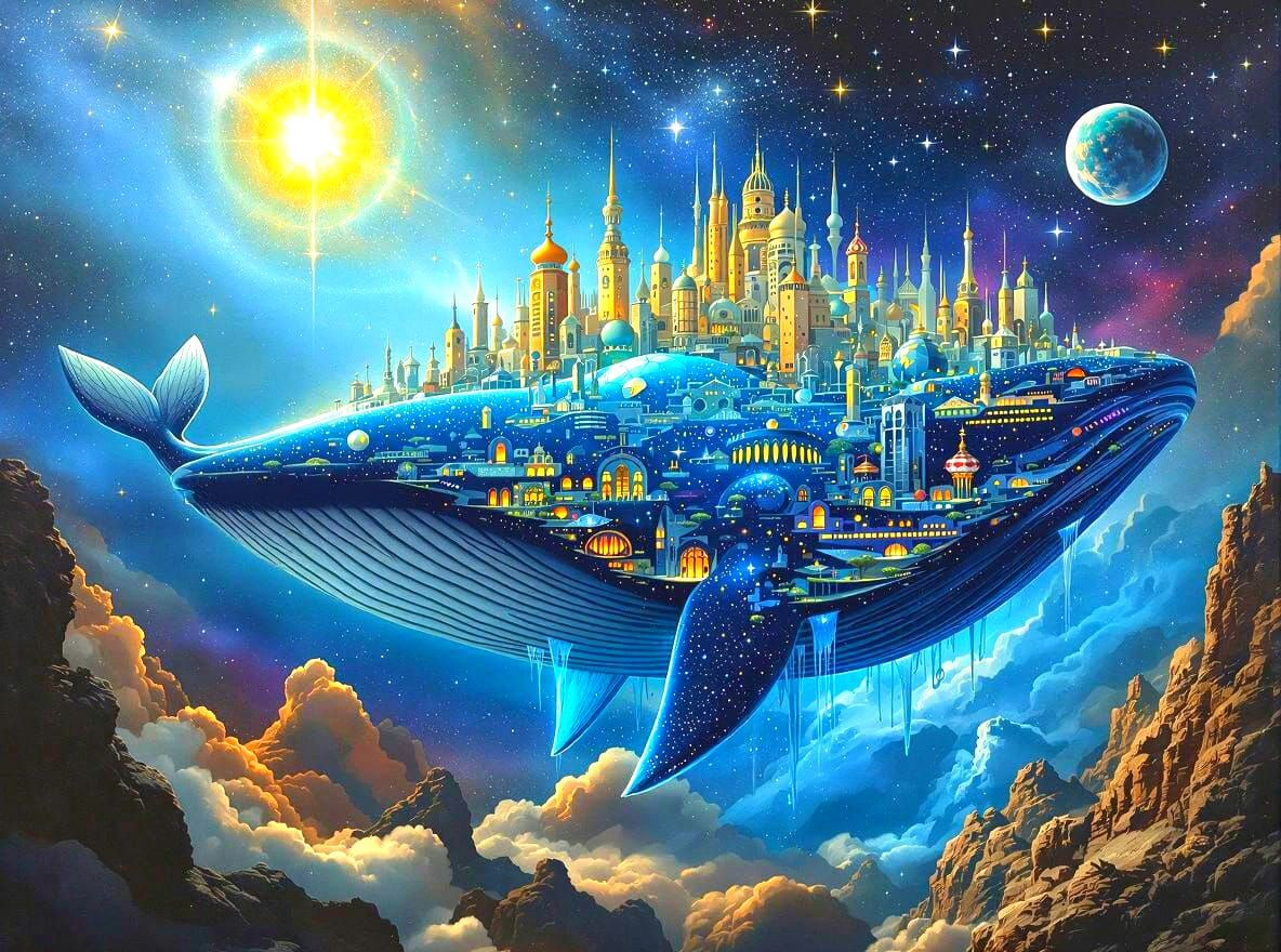 Celestial Whale Cityscape in Cosmic Surrealist Style