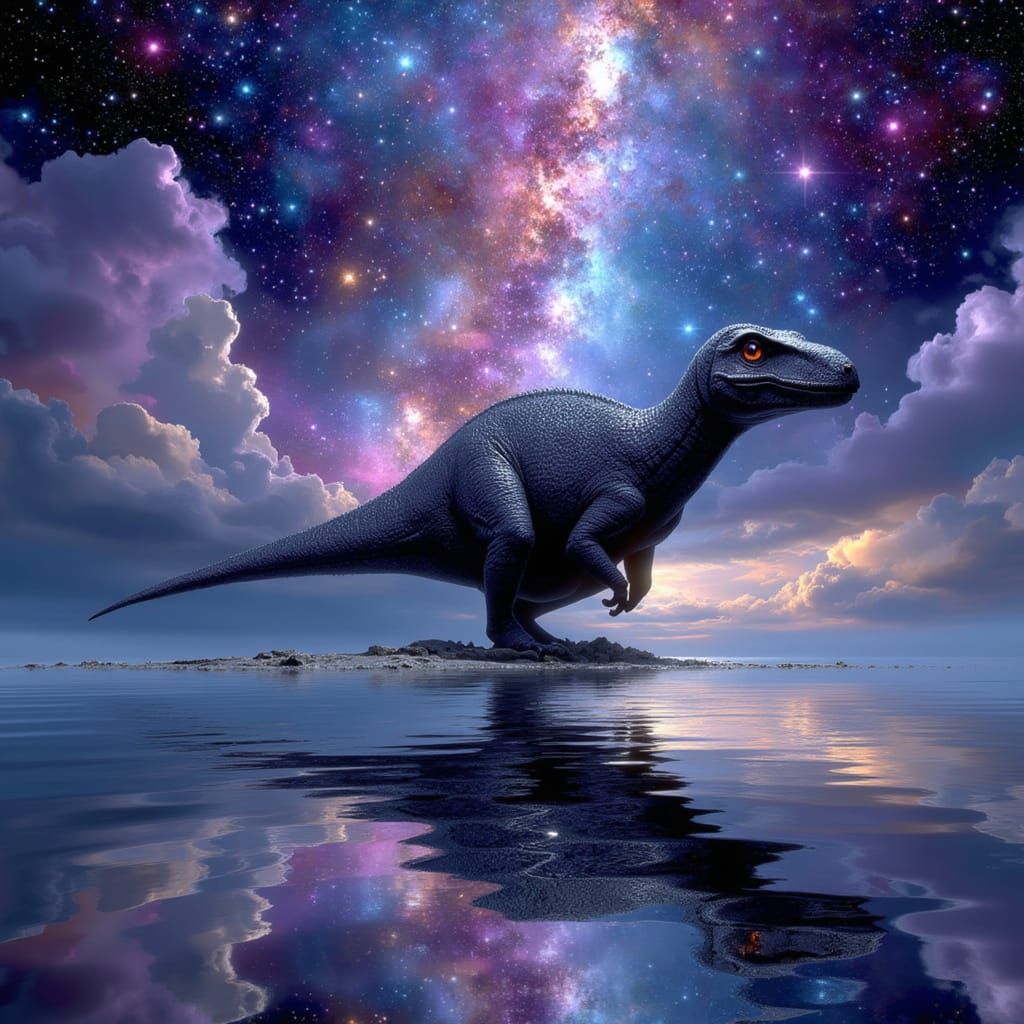 Cosmic Dinosaur on Alien Island Under Galactic Sky