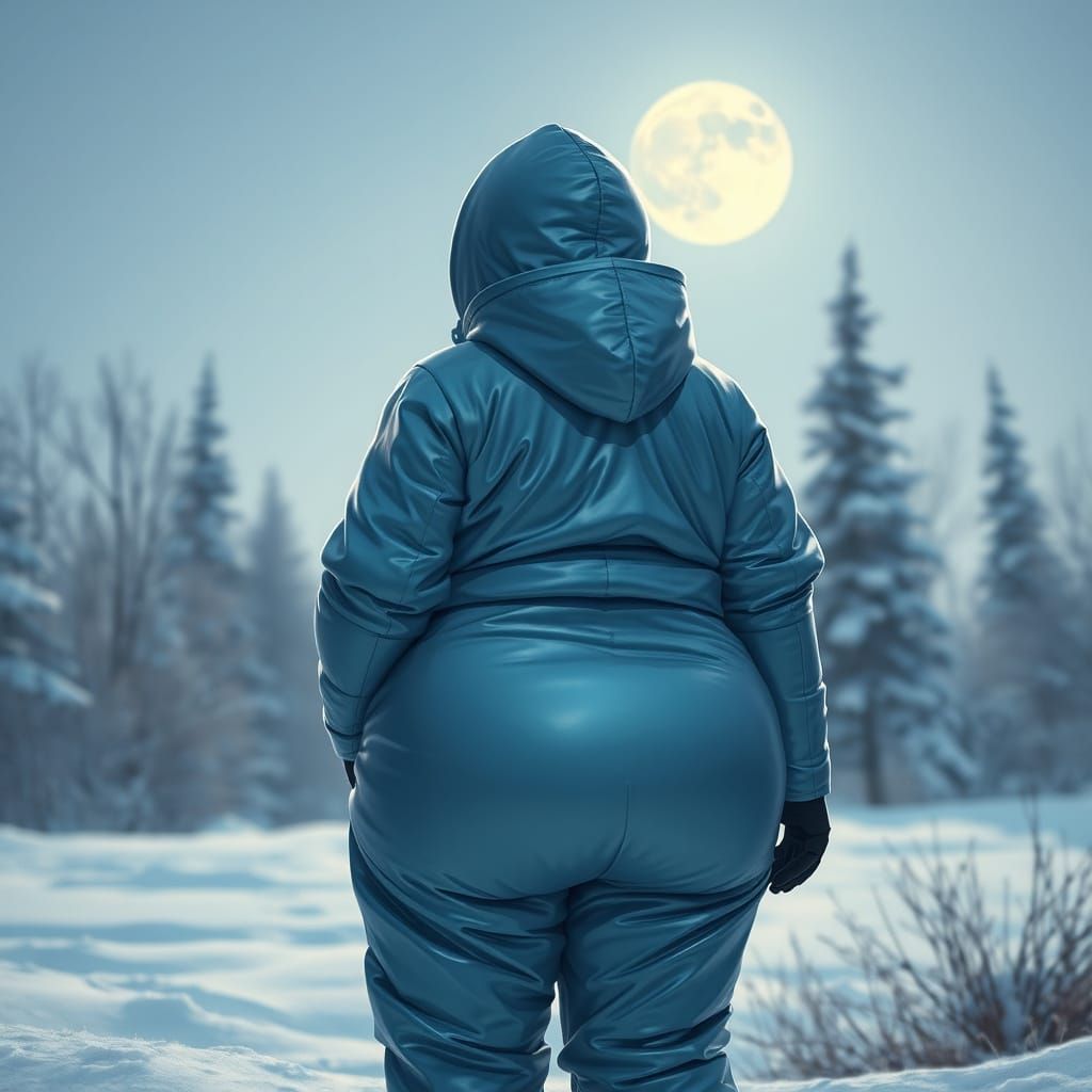 Woman in Blue Snowsuit Gazing at Moon