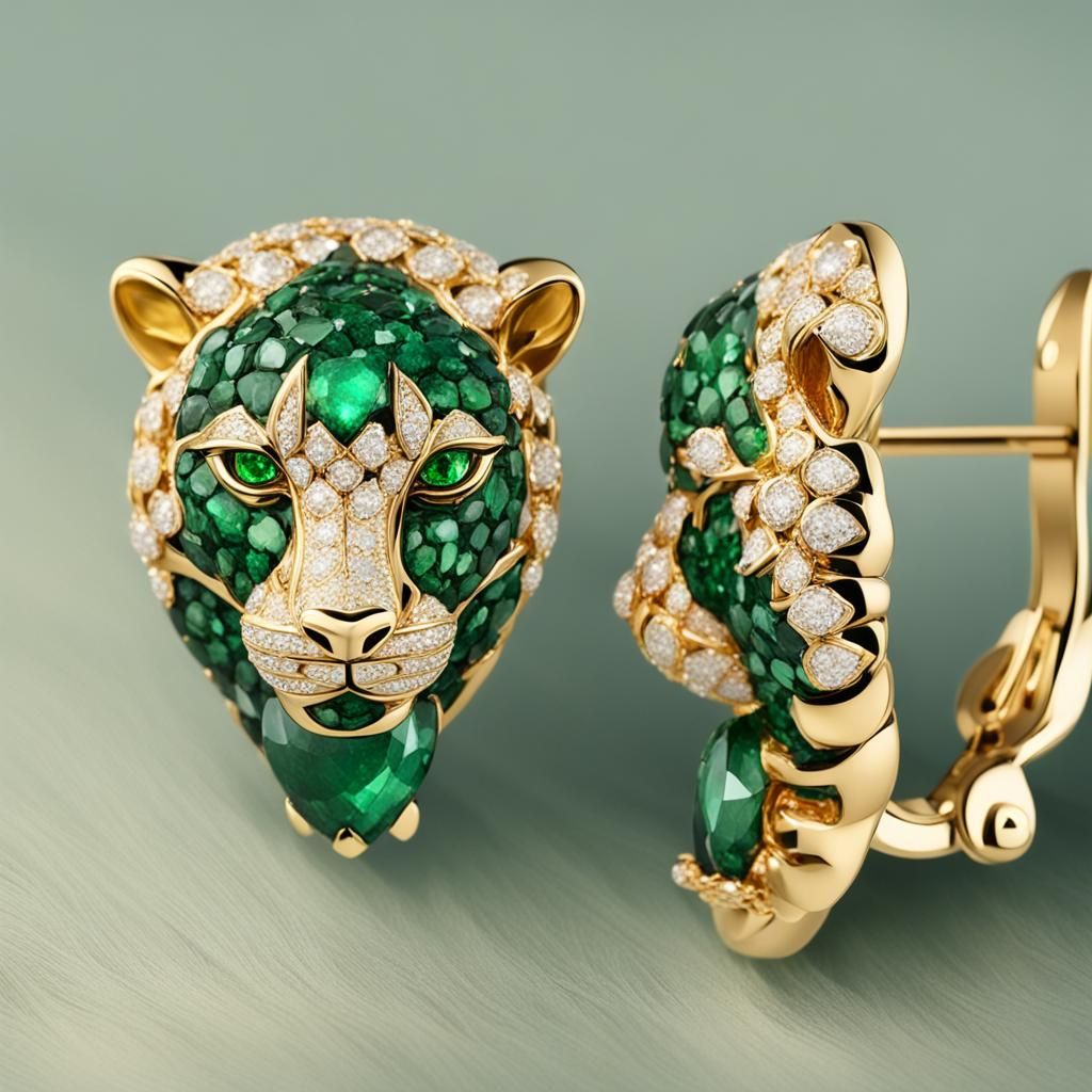 Leopard Earrings with Gold, Diamonds, and Emeralds