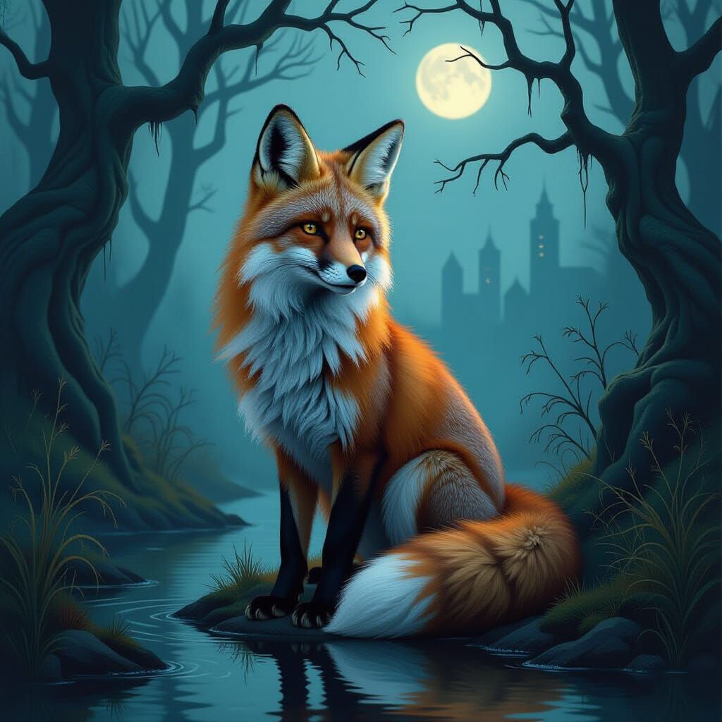 Fox in Eerie Forest: Dystopian Oil Painting
