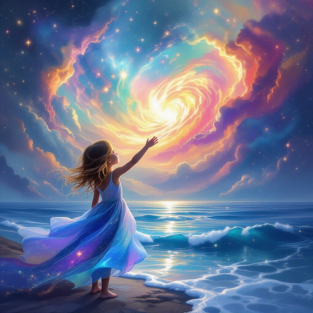 Girl Reaching for Nebula at Cosmic Ocean Edge