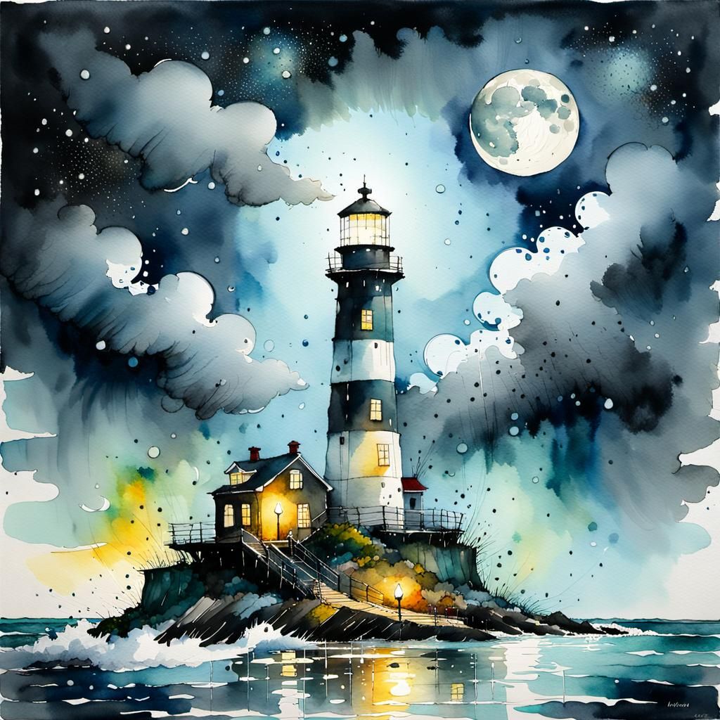 Rainy Midnight Lighthouse: Watercolor and Ink Painting