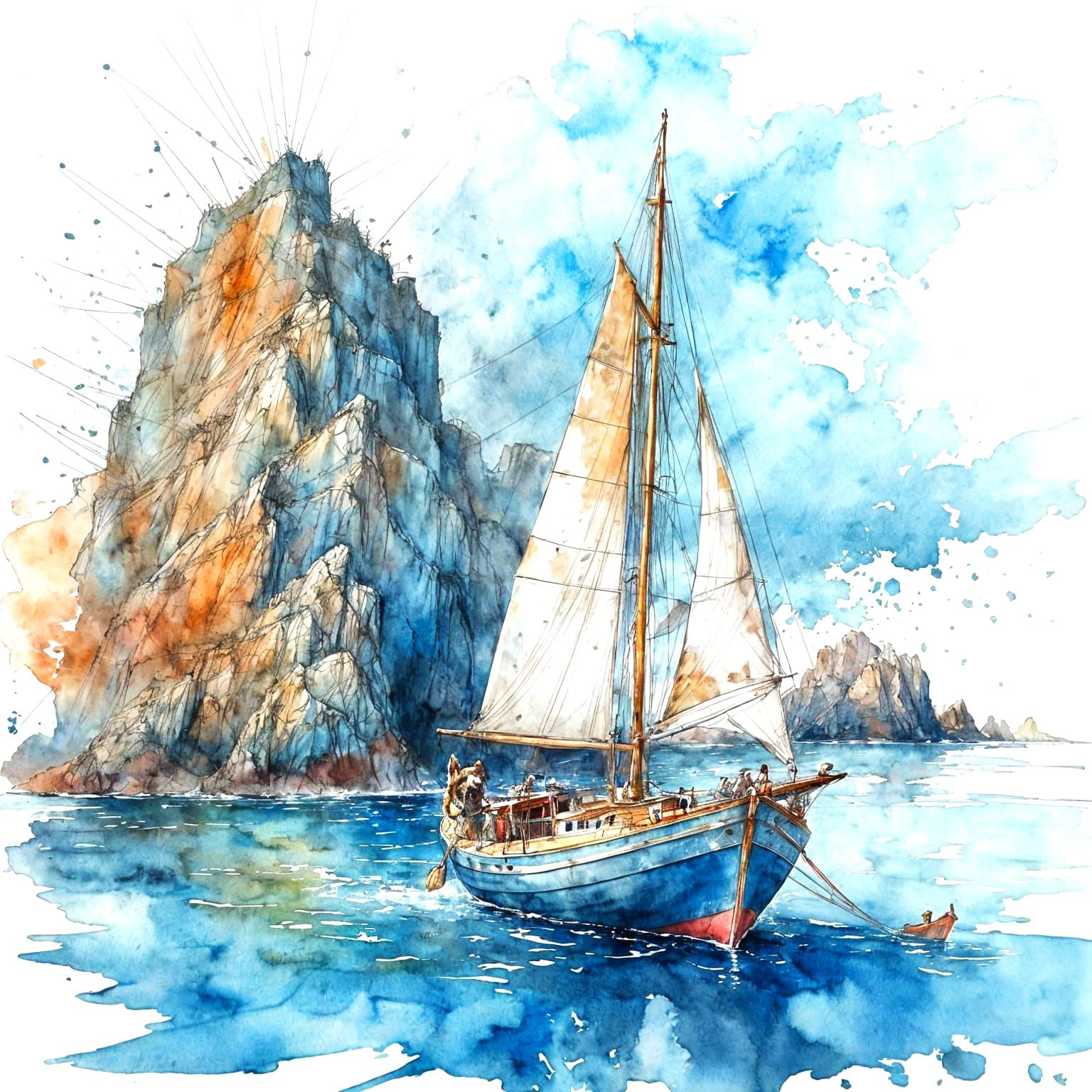 Dog Sailing Boat Towards Rocky Outcrops in Watercolor Style