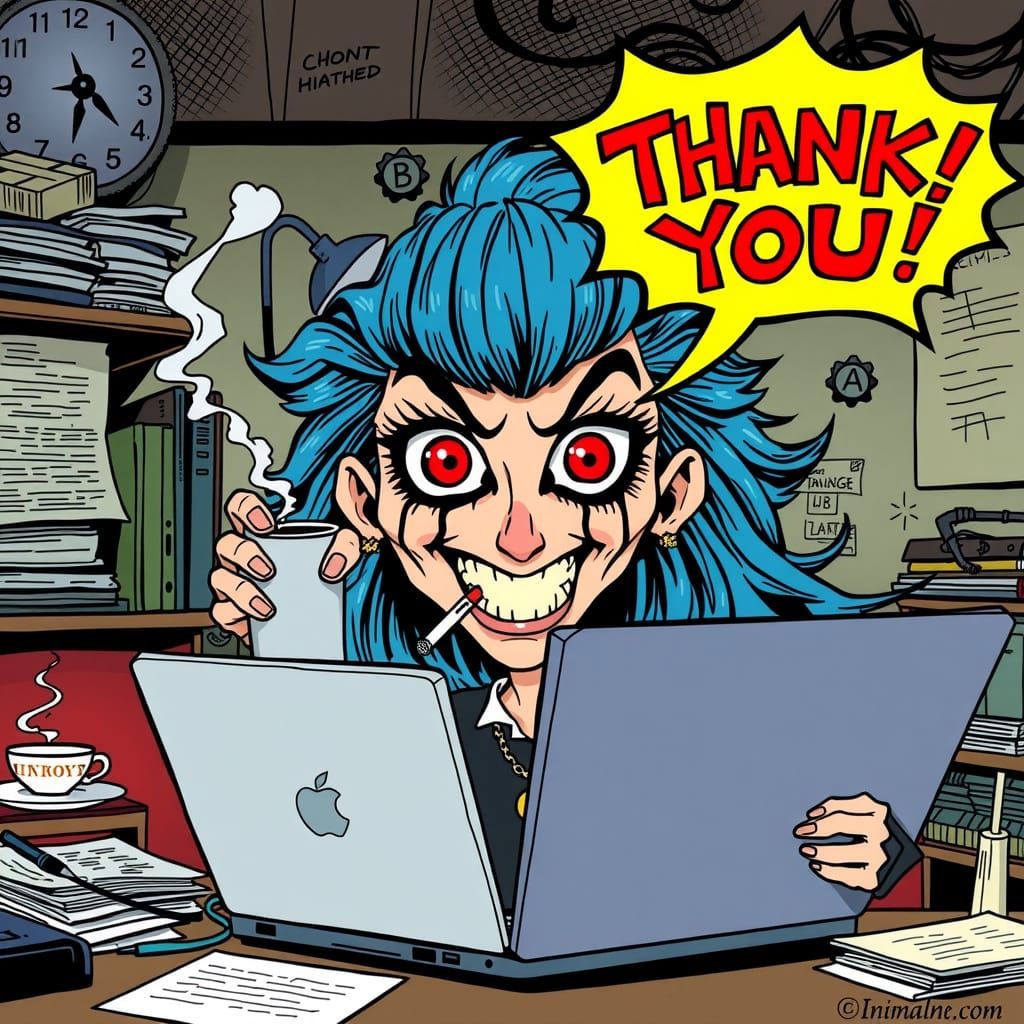 A cartoon woman style of R. CRUMB  with long blue hair at a laptop, THRILLED, with a cigarettes clenched between her tee...