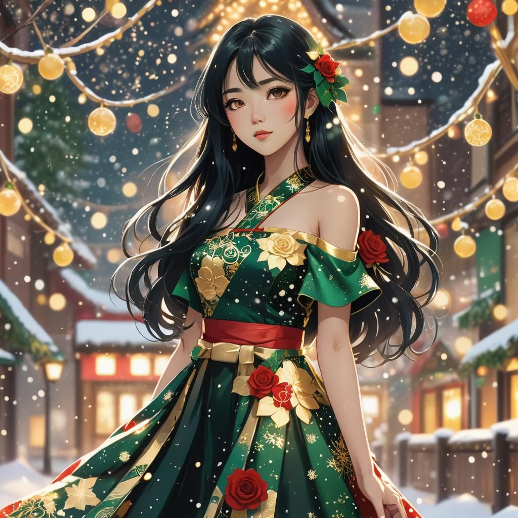 Christmas Anime Girl in Rose Dress, Cel-Shaded Art