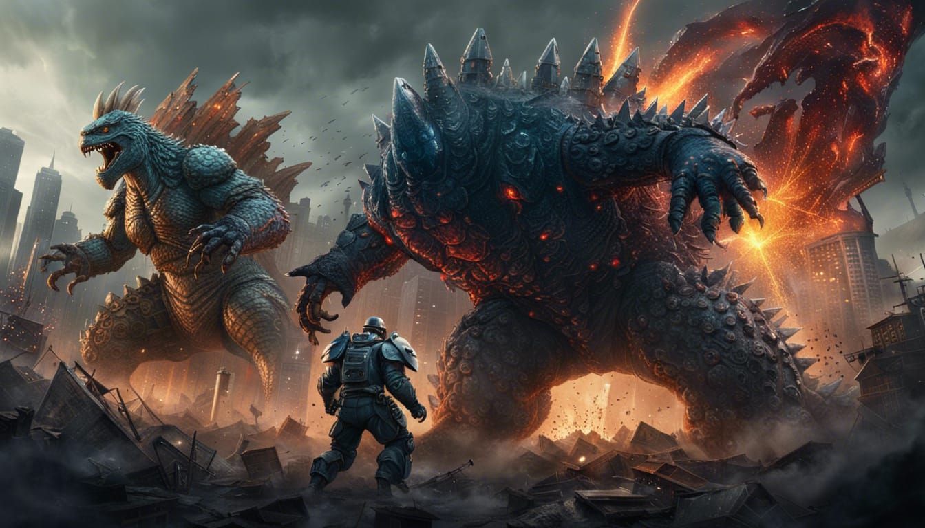 epic battle between a Godzilla and an evil giant robot